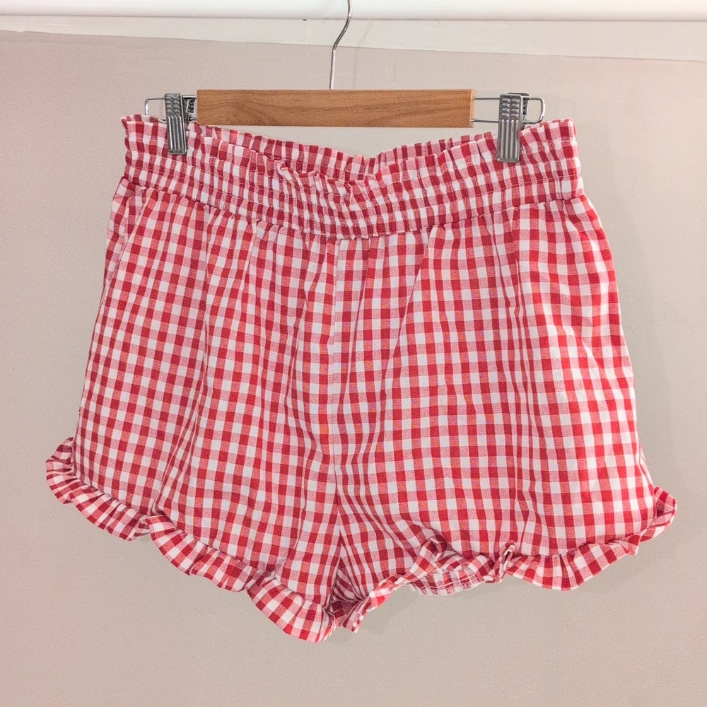 Red And White Gingham Elastic Waist Ruffle Shorts Large NWT